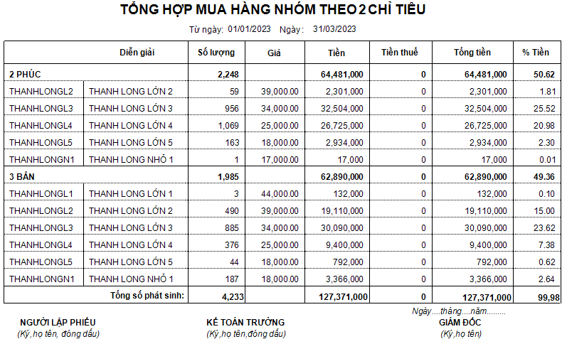 Tổng hợp bán hàng nhóm theo 2 chỉ tiêu